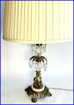 Vintage Hollywood Regency Brass Crystal Italian Marble Cherub Lamp 20 Prisms