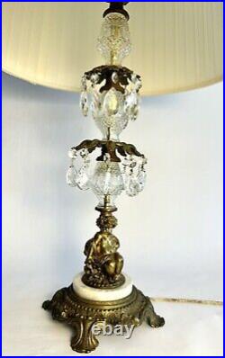 Vintage Hollywood Regency Brass Crystal Italian Marble Cherub Lamp 20 Prisms