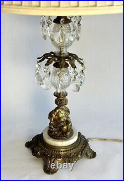 Vintage Hollywood Regency Brass Crystal Italian Marble Cherub Lamp 20 Prisms