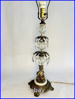 Vintage Hollywood Regency Brass Crystal Italian Marble Cherub Lamp 20 Prisms