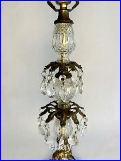 Vintage Hollywood Regency Brass Crystal Italian Marble Cherub Lamp 20 Prisms