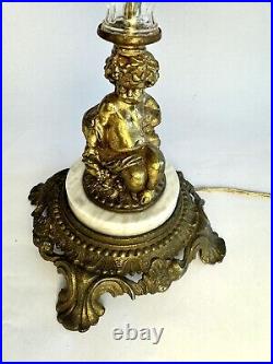 Vintage Hollywood Regency Brass Crystal Italian Marble Cherub Lamp 20 Prisms