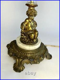 Vintage Hollywood Regency Brass Crystal Italian Marble Cherub Lamp 20 Prisms