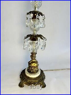 Vintage Hollywood Regency Brass Crystal Italian Marble Cherub Lamp 20 Prisms