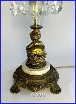 Vintage Hollywood Regency Brass Crystal Italian Marble Cherub Lamp 20 Prisms