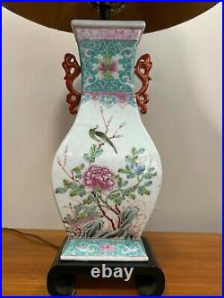 Vintage Japanese Porcelain Handpainted Flowers & Bird Vase withRed Ears Table Lamp