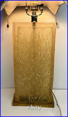 Vintage Late 20th Century Amber Acrylic Lamp Engraved Gold Branches MCM Art Deco