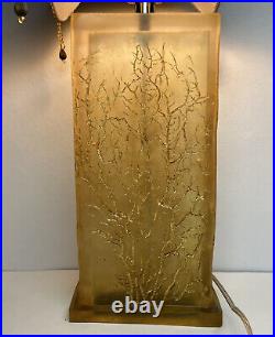 Vintage Late 20th Century Amber Acrylic Lamp Engraved Gold Branches MCM Art Deco