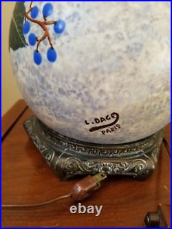 Vintage Louis Dage Art Pottery Brass Paris MCM Blue Ivy Table Lamp