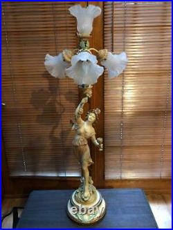 Vintage Louis Moreau Girl Figural 4 Bulb Lamp Art Nouveau Genuine France Spelter