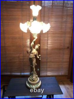 Vintage Louis Moreau Girl Figural 4 Bulb Lamp Art Nouveau Genuine France Spelter