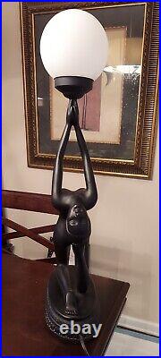 Vintage MCM Art Deco Nude Lady Sculpture Globe Table Lamp Black 29 Used