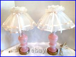 Vintage MCM French Art Glass Mottled Pink Murano Style Lamps with Shades