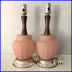 Vintage MCM Frosted Satin Pink Table Lamps (2) Art Deco