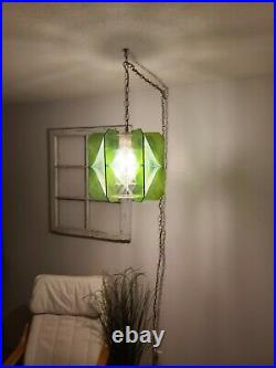 Vintage MCM Pendant Light Swag Lamp Nylon String Art Green Acrylic