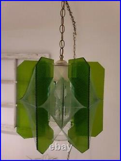 Vintage MCM Pendant Light Swag Lamp Nylon String Art Green Acrylic