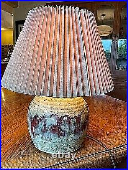 Vintage MCM Studio Art Pottery Table Lamp Signed by RICARD withDesigner Shade