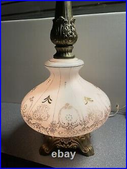Vintage MCM art nouveau Large Table Lamp Hand painted Gold White 3 Way