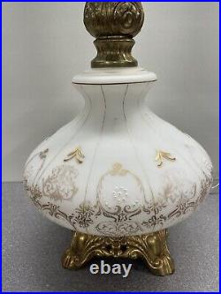 Vintage MCM art nouveau Large Table Lamp Hand painted Gold White 3 Way