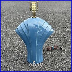 Vintage Mar-Kel Table Lamps Blue Ceramic Art Deco Revival 80s Fan Shell Light