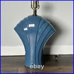 Vintage Mar-Kel Table Lamps Blue Ceramic Art Deco Revival 80s Fan Shell Light