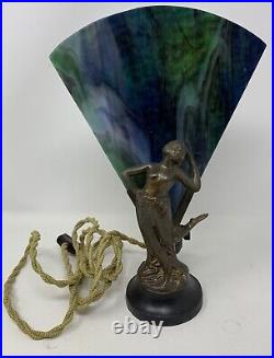 Vintage Metal Art Deco Dancing Nude Lady Lamp with Blue & Green Stained Glass Fan