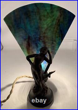 Vintage Metal Art Deco Dancing Nude Lady Lamp with Blue & Green Stained Glass Fan