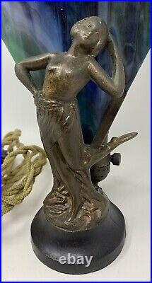 Vintage Metal Art Deco Dancing Nude Lady Lamp with Blue & Green Stained Glass Fan