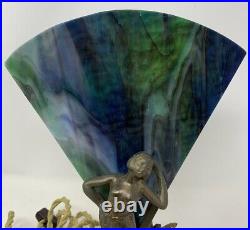 Vintage Metal Art Deco Dancing Nude Lady Lamp with Blue & Green Stained Glass Fan