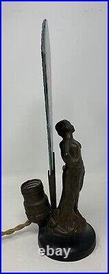 Vintage Metal Art Deco Dancing Nude Lady Lamp with Blue & Green Stained Glass Fan