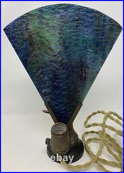 Vintage Metal Art Deco Dancing Nude Lady Lamp with Blue & Green Stained Glass Fan