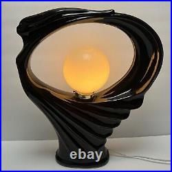 Vintage Mod Black Ceramic Lamp Lady Woman Hair Dress Round Circle Art Deco