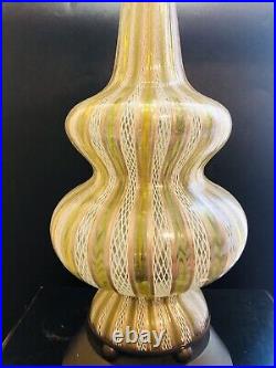 Vintage Murano 60's Art Glass Table Lamp Green Stripe With Copper And White