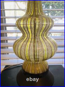 Vintage Murano 60's Art Glass Table Lamp Green Stripe With Copper And White