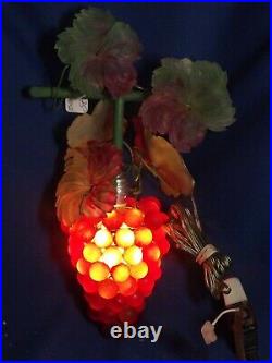 Vintage Murano Art Glass Maroon Grape Custer With 5 Glass Leaves Hanging Lamp # 2