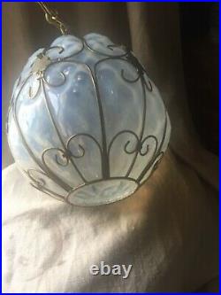 Vintage Murano Opalescent Art Glass Caged Light Fixture Pendant Lamp Chandelier