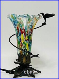 Vintage Murano Style Millefiori Tulip Art Glass Brass Lamp 8 With Hummingbird