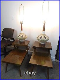 Vintage Pair Table Lamps Art Pottery Space Ship Atomic Walnut Mid Century Modern