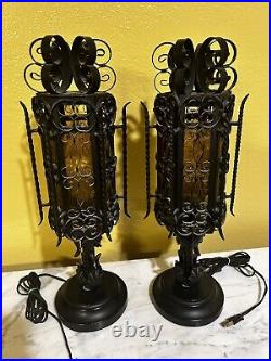 Vintage Pair of Black MCM Wrought Iron Dresser Credenza Spanish Lamps. 19