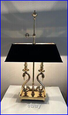 Vintage Polished Brass Bouillotte Swan Table Lamp W Metal Shade