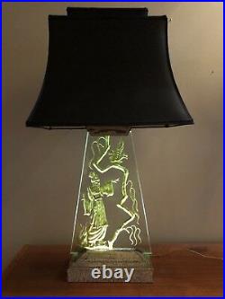 Vintage Regency Table Lamp Etched Carved Glass Slab Illuminated Art Deco Asian