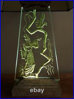 Vintage Regency Table Lamp Etched Carved Glass Slab Illuminated Art Deco Asian