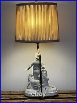 Vintage Signed F. Kessler Porcelain Boy Figure Tabletop Lamp c1950 WithShade
