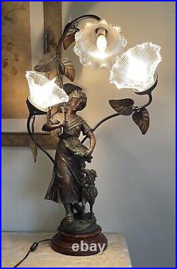 Vintage Spelter Bronze Signed F. Moreau Figural Art Nouveau Lamp Farmgirl/Lamb