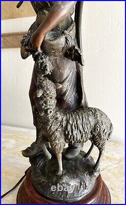 Vintage Spelter Bronze Signed F. Moreau Figural Art Nouveau Lamp Farmgirl/Lamb