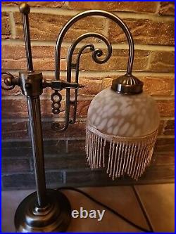 Vintage Style Brass Table Lamp Beaded Fringe White Frosted Glass Shade Art Deco