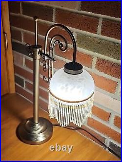 Vintage Style Brass Table Lamp Beaded Fringe White Frosted Glass Shade Art Deco