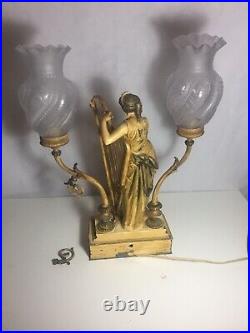 Vintage Table Lamp Metal Ornate Woman? Shade? Victorian Harp Light Lady Old Art