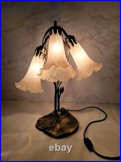 Vintage Tiffany Style Lily Pad Table Lamp 3 Pink Frosted Art Glass Tulip Shape
