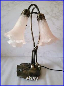 Vintage Tiffany Style Lily Pad Table Lamp 3 Pink Frosted Art Glass Tulip Shape
